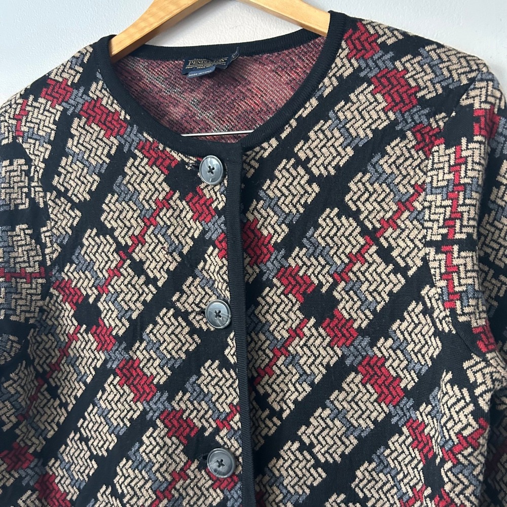 Pendleton Sweater Womens Petite Large Long‎ Cardigan 100% Merino Wool Geometric